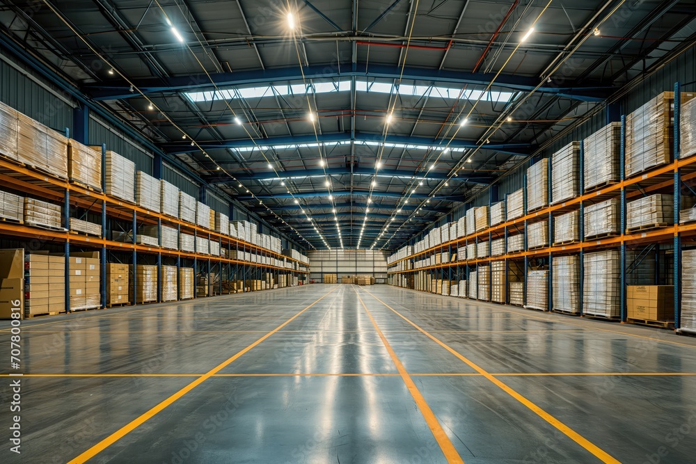 Interior of warehouse. Inside view of a large distribution warehouse. 