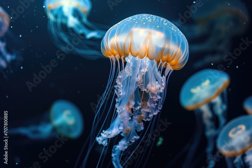 Jellyfish underwater on black background 