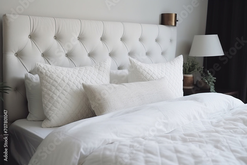 Comfortable bed with soft white pillows and bedding