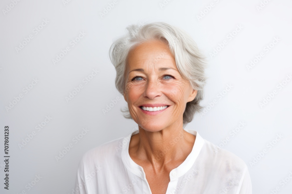 Portrait of a happy senior woman smiling at camera against grey background