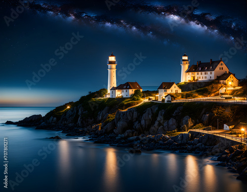 Lighthouse on a rock by the sea at night