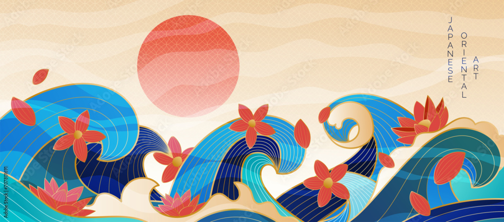 Japanese oriental water. Asian seascape. Chinese botany. Floral garden. Gold lotus flowers. Golden foil branches. Antique color leave. Art marine bouquet. Sea splashes. Vector ocean garish background