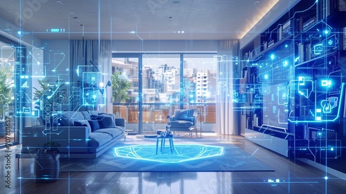 A concept art of a digital holographic artificial intelligence (ai) smart technology in a house and a flat. modern living room with blue and white virtual reality interface and icons © Areesha