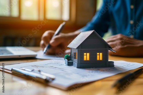 A concept hollo 3d render model of a small living house on a table in a real estate agency. signing mortgage contract document and demonstrating. futuristic business. blurry background. photo