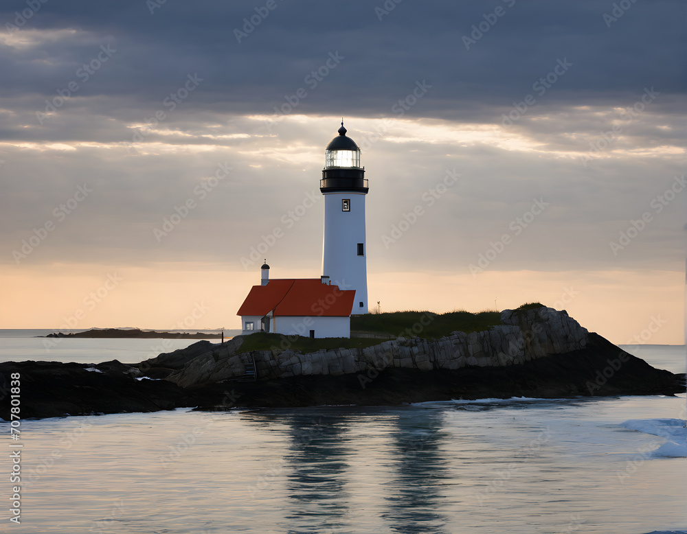 Lighthouse on a rock by the sea, at dusk