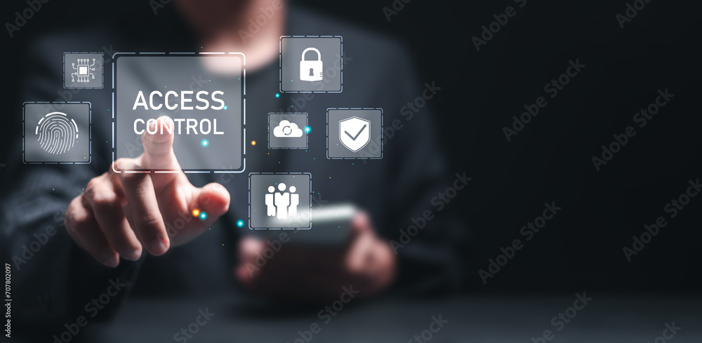 Access control concept. Businessman using mobile smartphone with virtual access control icon for access security personal data. Automatic access control system - obrazy, fototapety, plakaty 