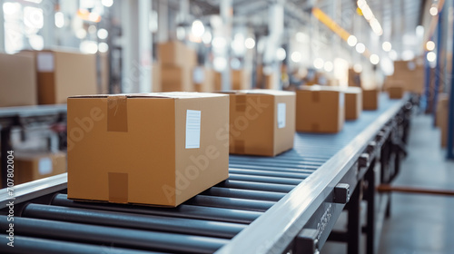 Closeup of multiple cardboard box packages seamlessly moving along a conveyor belt in a warehouse