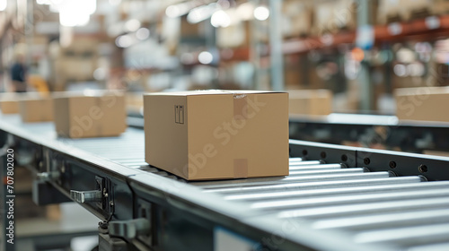 Closeup of multiple cardboard box packages seamlessly moving along a conveyor belt in a warehouse © Slowlifetrader