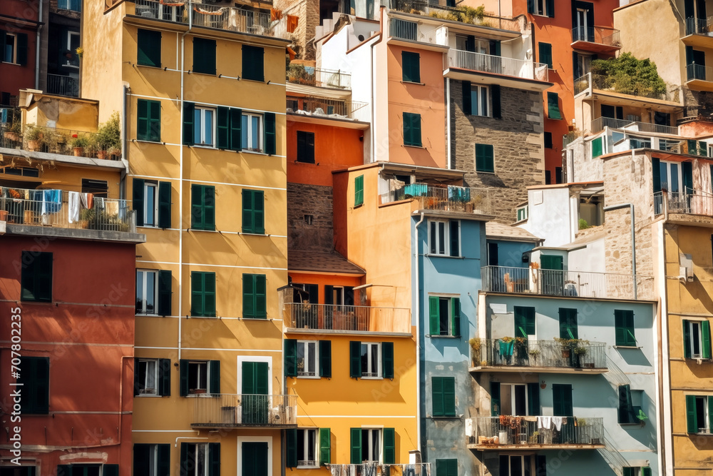 Colorful facades of houses in a small Italian mountain town