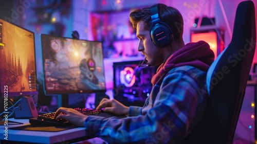 A handsome gamer guy gaming on his pc computer console with keyboard mouse and headphones in front of multiple monitor. sitting on a chair in his gaming room with rgb led lights