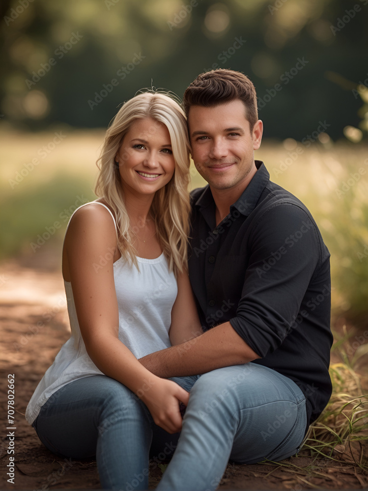 Naklejka premium Happy couple, love and hug laughing in joyful happiness for bonding time together in the outdoors.