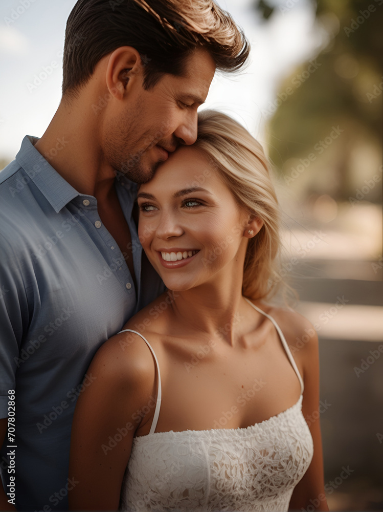 Naklejka premium Happy couple, love and hug laughing in joyful happiness for bonding time together in the outdoors.