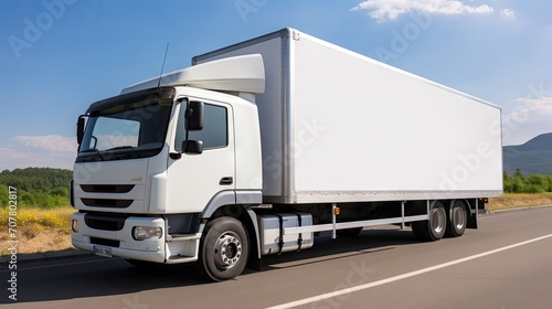 Mobile Advertising Canvas: White Cargo Truck on the Highway. Blank Truck Mockup. © Philipp