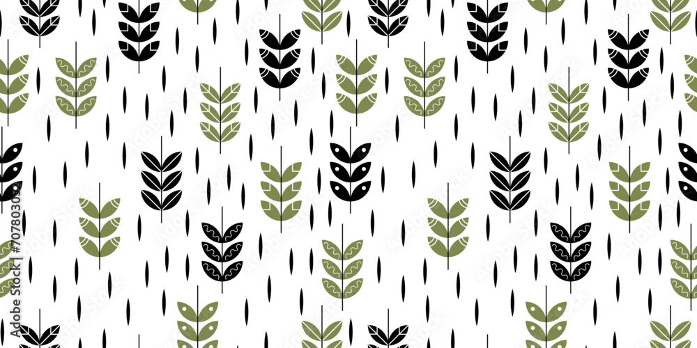 Scandinavian hand drawn seamless pattern with leaves and branches. Minimalistic nordic style. Vector illustration. Cute botanical elements. Great for textile, decor and printed products. - obrazy, fototapety, plakaty 