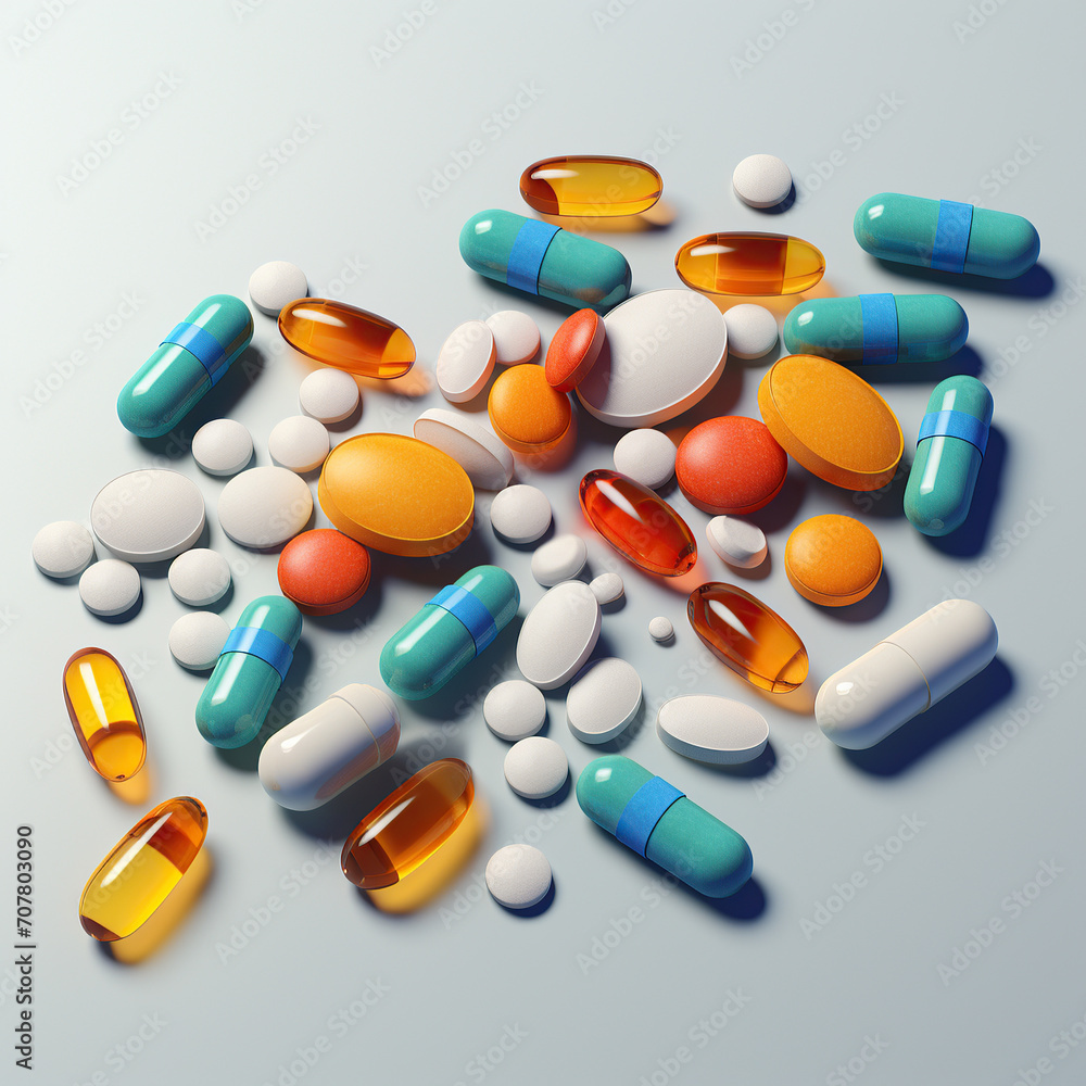 close up image of medical pills of different colours and shapes on a white table AI generated
