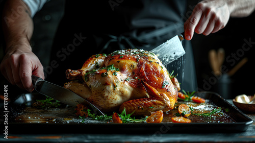 chef cutting roasted chicken  photo