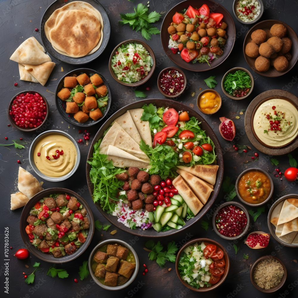 Assorted Middle Eastern and arabic dishes on a dark rustic background,border. Hummus,tabbouleh, salad Fattoush,pita,meat kebab,falafel,baklava,pomegranate. Halal food.Top view, flat lay, copy space Assorted Middle Eastern and arabic dishes on a dark rustic background,border. Hummus,tabbouleh, salad Fattoush,pita,meat kebab,falafel,baklava,pomegranate. Halal food.Top view, flat lay, copy space