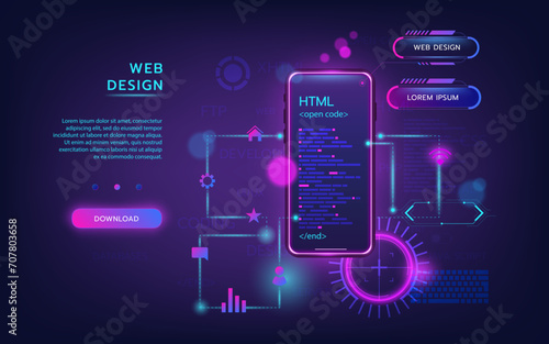 Web design. Software mobile app download landing. Website UI template. SEO webpage. Digital HTML code. Smartphone programming. Phone modern technology. Infographic development. Vector internet banner