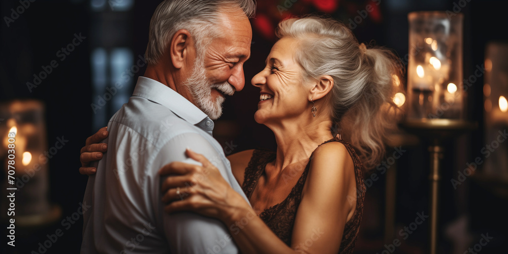 A mature happy couple a man and a woman dance in a cozy living room with candles to night. Valentines day, love, romantic relationship, anniversary.