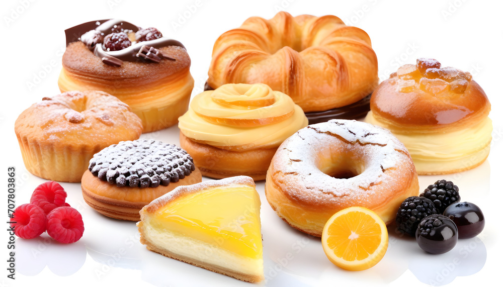 Assortment of sweet tasty pastries isolated on white Assortment of sweet tasty pastries isolated on white