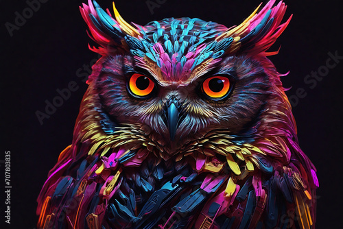 Portrait of a beautiful owl with multicolored feathers on a black background