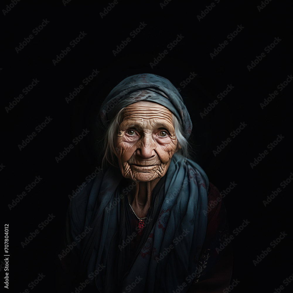 intimate portrait of an old woman wearing a dark blue traditional dress AI generated intimate portrait of an old woman wearing a dark blue traditional dress AI generated