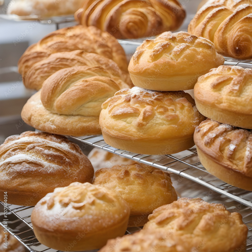 Close up freshly baked pastry goods on display in bakery shop. Selective focus