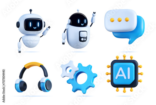 AI robot bot. Chat, chatbot technology, 3d artificial icon, GPT customer service, support character face, human intelligence. Cyborg, headphones, speech bubble. Vector customer app laptop illustration