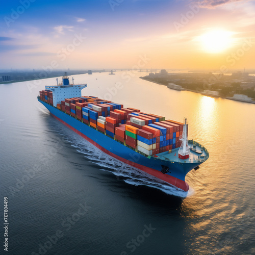 Sunset illuminates a cargo ship sailing peacefully across the vast sea, laden with containers, showcasing the seamless blend of shipping and nature in an industrialized world