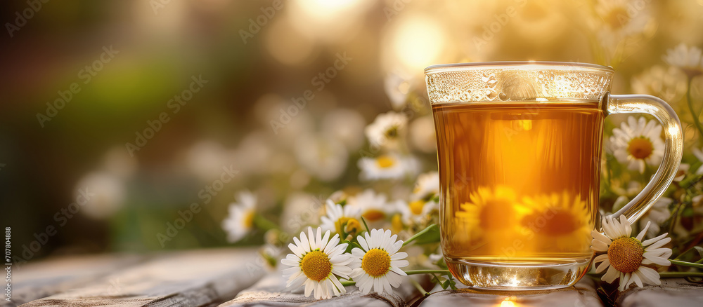 Chamomile tea outdoors with copy space - obrazy, fototapety, plakaty 