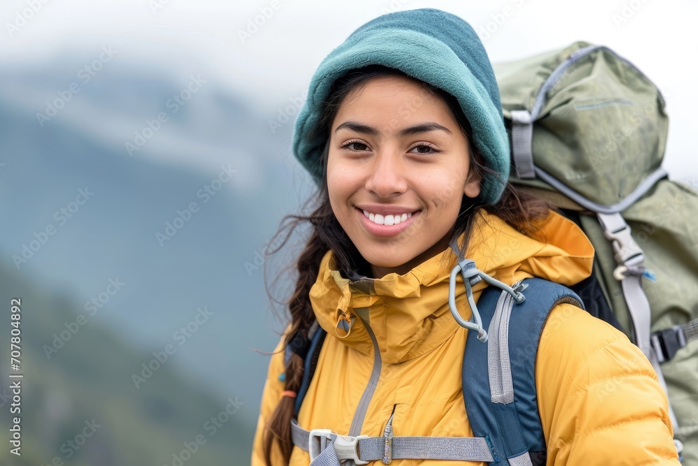 Adventurous studio portrait of a young Latina woman in hiking gear, with a backpack, isolated on a mountain landscape background Adventurous studio portrait of a young Latina woman in hiking gear, with a backpack, isolated on a mountain landscape background
