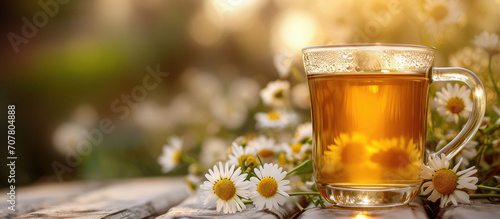 Chamomile tea outdoors with copy space photo