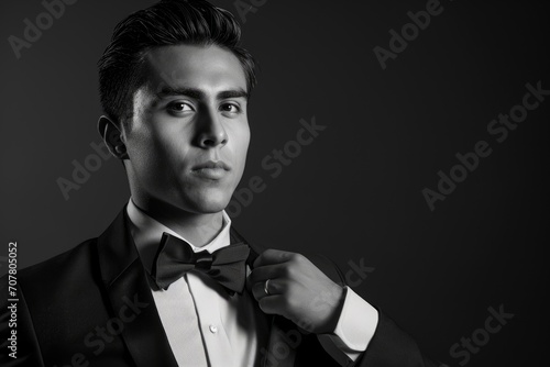 Classic formal studio portrait of a young Latino man in a tuxedo, with a bow tie, isolated on a sophisticated black and white background