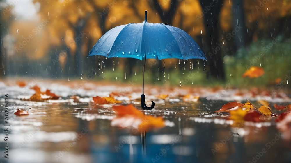 Autumn background with blue umbrella under rain against water drops splash. Rainy weather concept