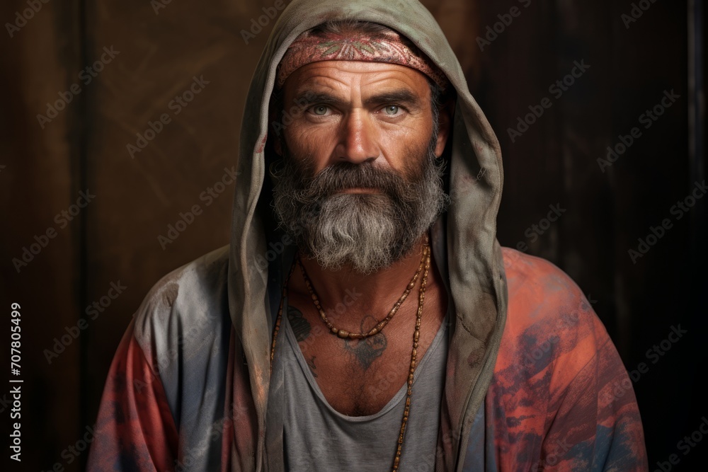 Portrait of an old man with a long gray beard and mustache in a hippie style on a dark background Portrait of an old man with a long gray beard and mustache in a hippie style on a dark background