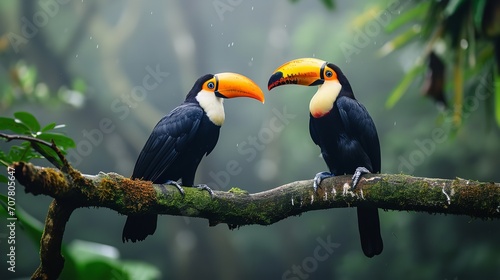 Two toucan tropical bird sitting on a tree branch. Ai generative photo