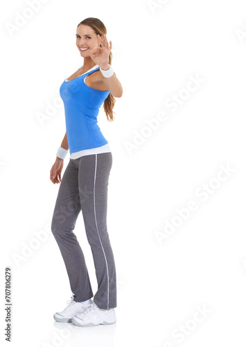 Happy woman, portrait and okay sign for fitness, health and wellness on a white studio background. Young female person smile with like emoji, shape or symbol for perfect gesture or ok on mockup space © Elliott/peopleimages.com
