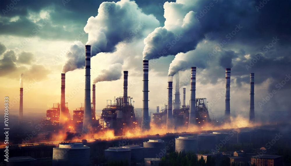 Pollution from industrial fumes and global warming concept. A group of factories equipped with smoking chimneys release CO2 into the atmosphere.