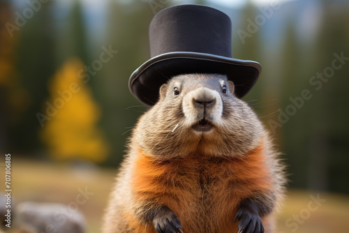 A marmot in a hat. Groundhog Day. photo