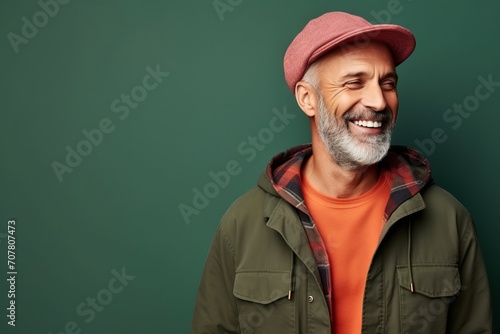 Portrait of a smiling senior man in a hat and a jacket on a green background.