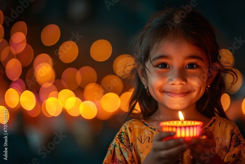 Smiling child holds candle brings happiness to family. Ai generative