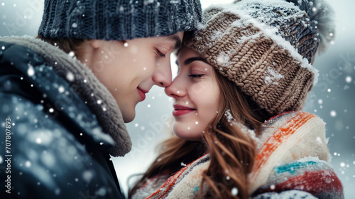 A couple in love hugging outdoors although it is snowing and very cold. photo