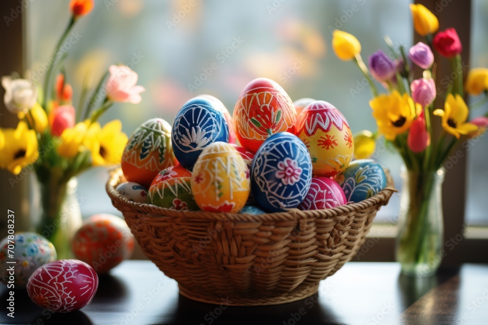 Multicolored Easter eggs as a symbol of the Easter holiday, painted with multicolored paints. Close-up. Multicolored Easter eggs as a symbol of the Easter holiday, painted with multicolored paints. Close-up.