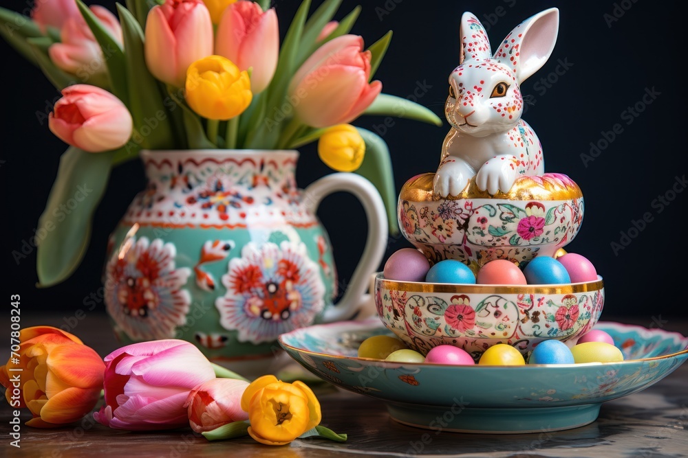 Easter table setting with colorful eggs, tulips and bunny. Easter table setting with colorful eggs, tulips and bunny.
