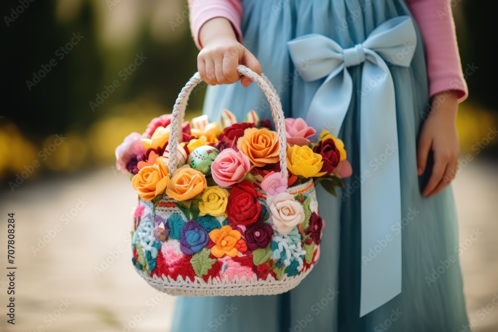 Little girl holding a basket with flowers in her hands. Close-up.