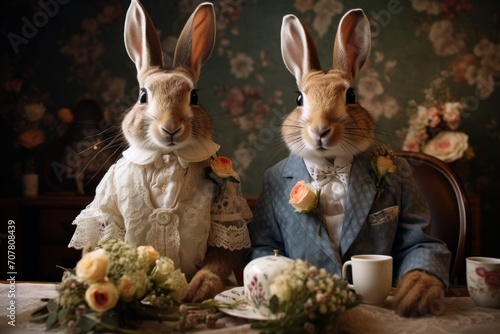 Rabbits sitting in a room with flowers and a cup of coffee. Easter holiday concept.