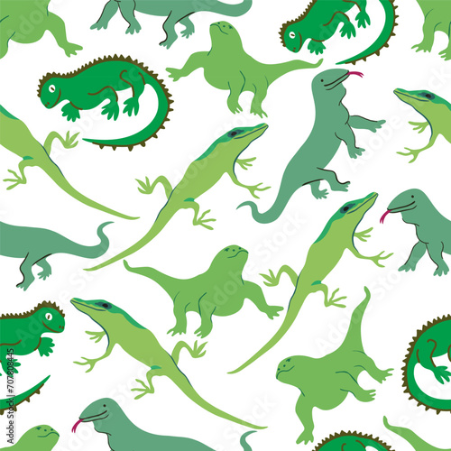 seamless pattern with lizard, iguana, monitor lizard in vector. wild animal in flat style. Template for design, print, background, packaging, book, wrapping paper, fabric. © Anna