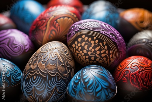 Multi-colored Easter eggs on a dark background. Close-up. Easter holiday concept.