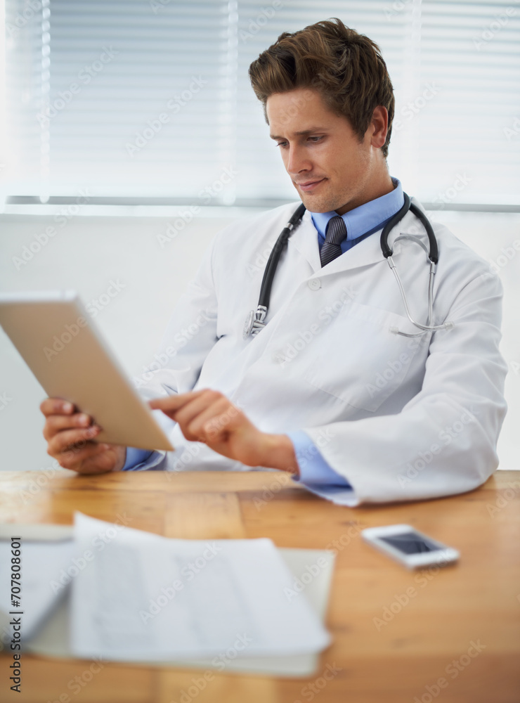 Φωτογραφία Tablet, research and doctor reading in his office for diagnosis or treatment at medical hospital