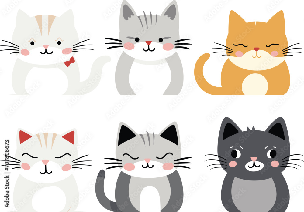 This image displays six cartoon cats with various fur patterns and colors in a vector illustration.